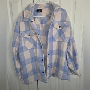 Womens HFX Light Blue & Cream Plaid Button Down Shirt Jacket, Sz M Oversized